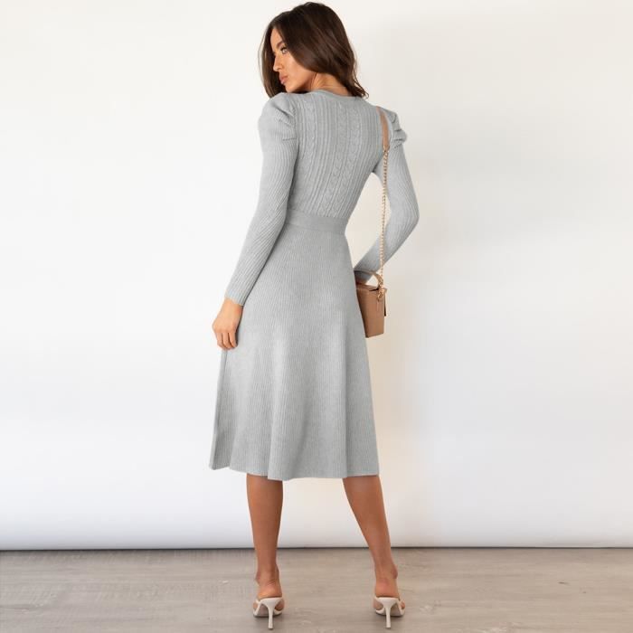 Robe en Tricot Femme Mi-longue Slim Fit Manches Longues Robe Pull