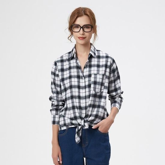 Chemise Chemisier a carreaux pour femmes ample grande taille manches longues en coton flanelle decontracte A732842562 Blanc Cdiscount Pret a Porter