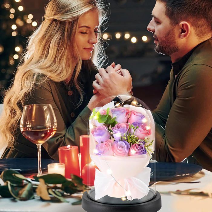 Rose éternelle Sous Dôme Verre Avec LED - Cadeau Saint Valentin, Fête Des Mères