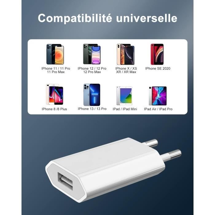 Chargeur USB, 2 Packs Prise Secteur USB pour iphone 11, 8, 7, 6, SE, X, XS,  Mini, iPad, Samsung, Xiaomi, 5V 1A Embout Chargeur iphone Adaptateur  Universel : : High-Tech