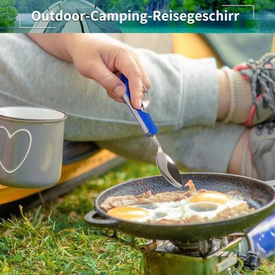 Lot De 4 Couverts De Camping En Acier Inoxydable Bleu - Couteau, Fourchette, Cuillère, Ouvre-bouteille - Écologique Et Réutilisable