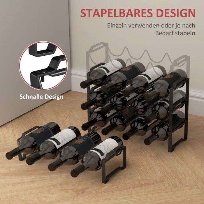 Casier à Vin Métal Noir Pour 16 Bouteilles - 4 Niveaux, Empilable, Design Ondulé - Rangement élégant Cuisine/salle à Manger
