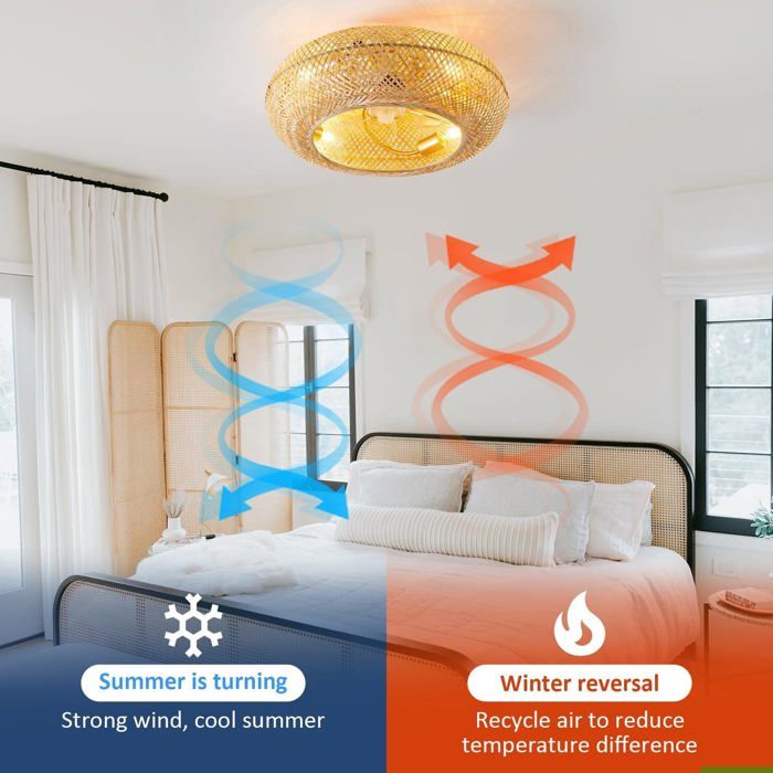 Ventilateur Plafond Avec Lumière Bambou Rétro - Télécommande, 6 Vitesses Silencieux, Réversible, Lumière Réglable - 50cm