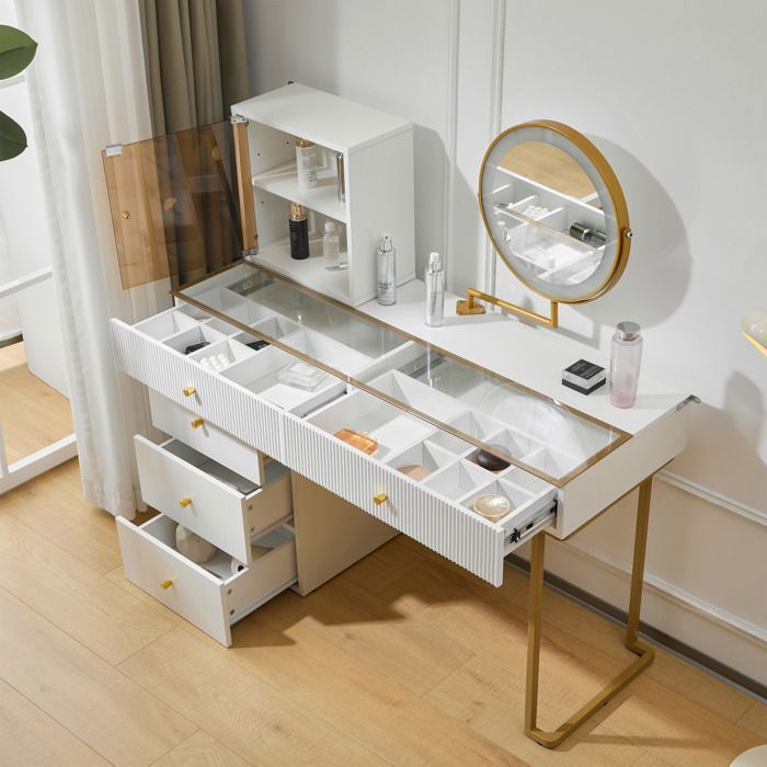 Ensemble Coiffeuse avec Miroir LED à luminosité réglable et 5 tiroirs, Plateau Transparent en Verre trempé, 120 x 45 x 11 COIFFEUSE - Maison