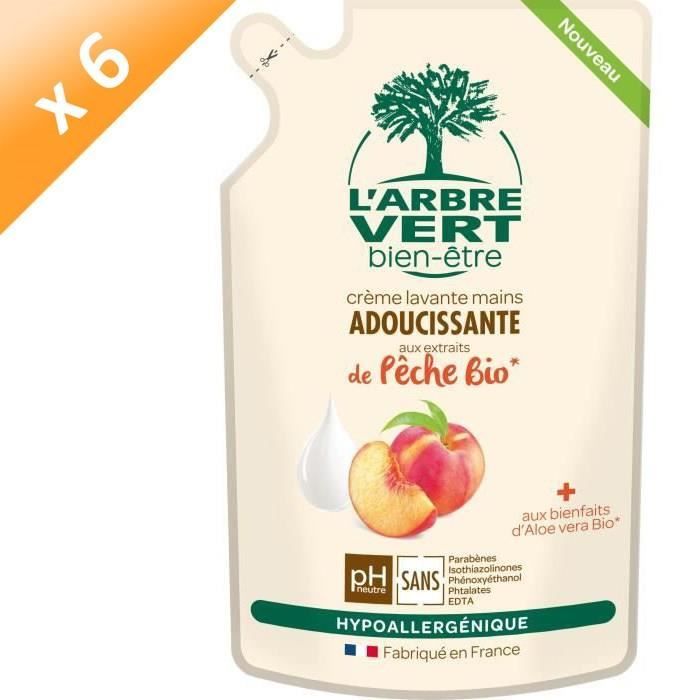 L'ARBRE VERT Recharges Crème lavante mains - Pêche Bio - 300 ml - Lot de 6