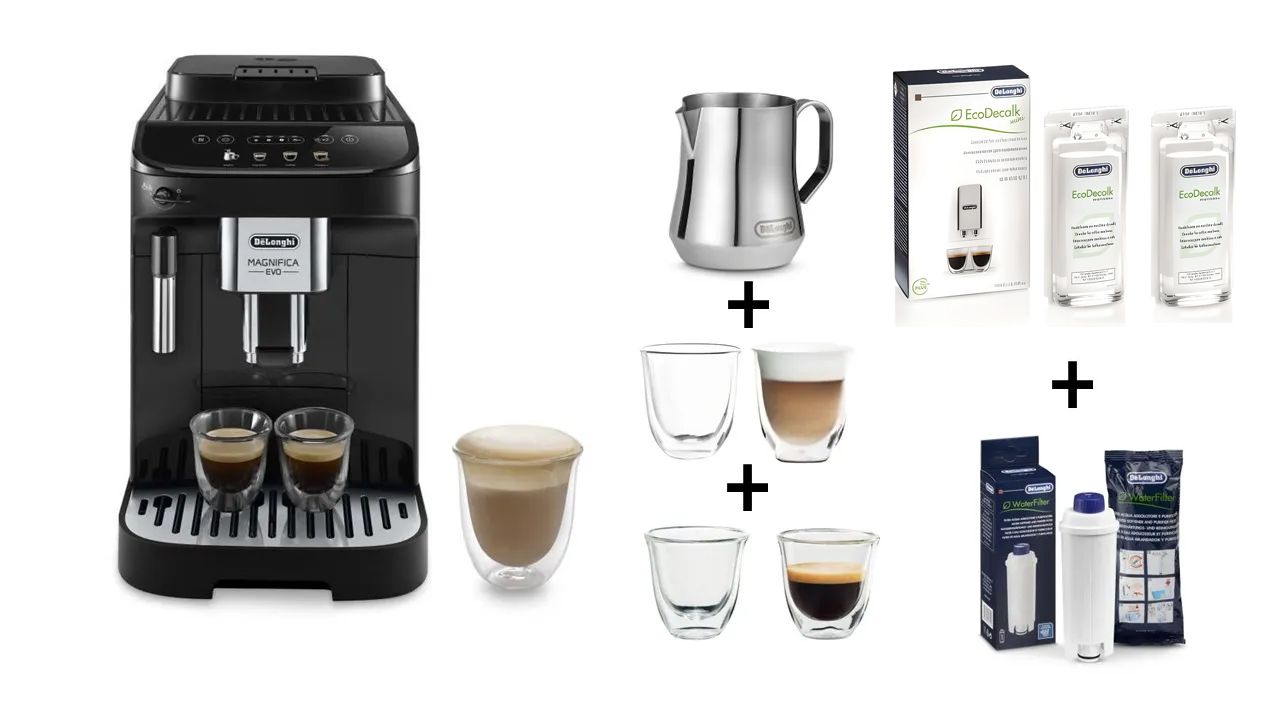 DELONGHI Machine à café broyeur - Magnifica Evo - 18L + 2 tasses + 2 verres + Pichet à lait + Filtre à eau + Détartrant 2x100 ml