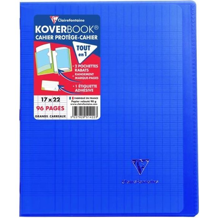 CLAIREFONTAINE Koverbook Cahier piqure 96 pages avec rabats - 170 x 220 mm - Seyes papier PEFC 90 g - Bleu marine