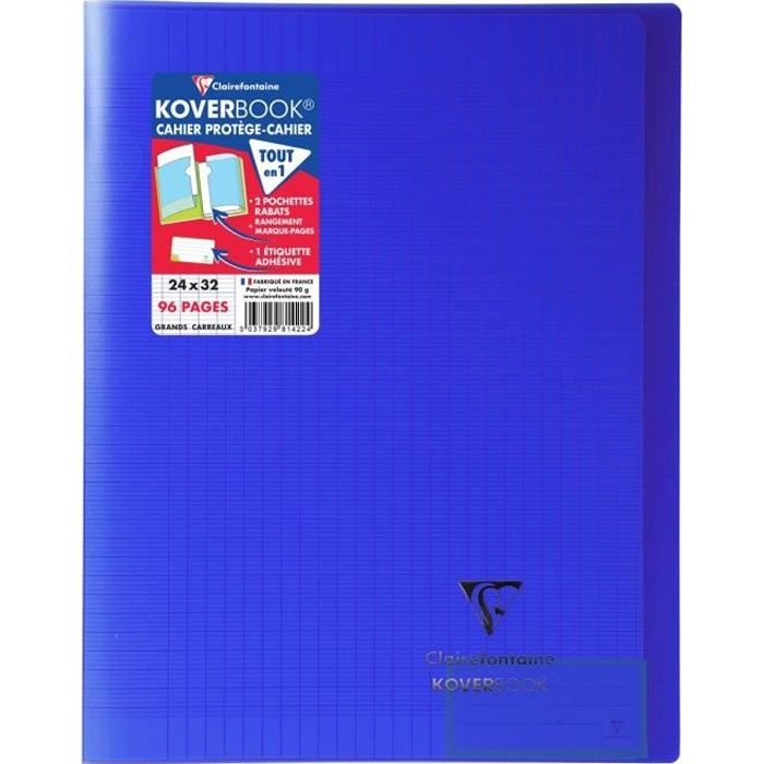 CLAIREFONTAINE Koverbook Cahier piqure 96 pages avec rabats - 240 x 320 mm - Seyes papier PEFC 90 g - Bleu marine