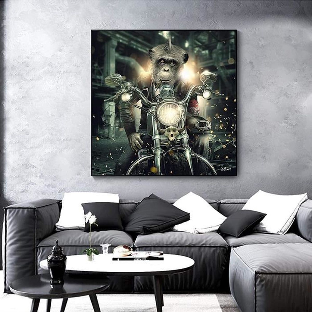 dsdsgog Noir Blanc Moto Racer Singe Toile Peintures Mur Art Affiches