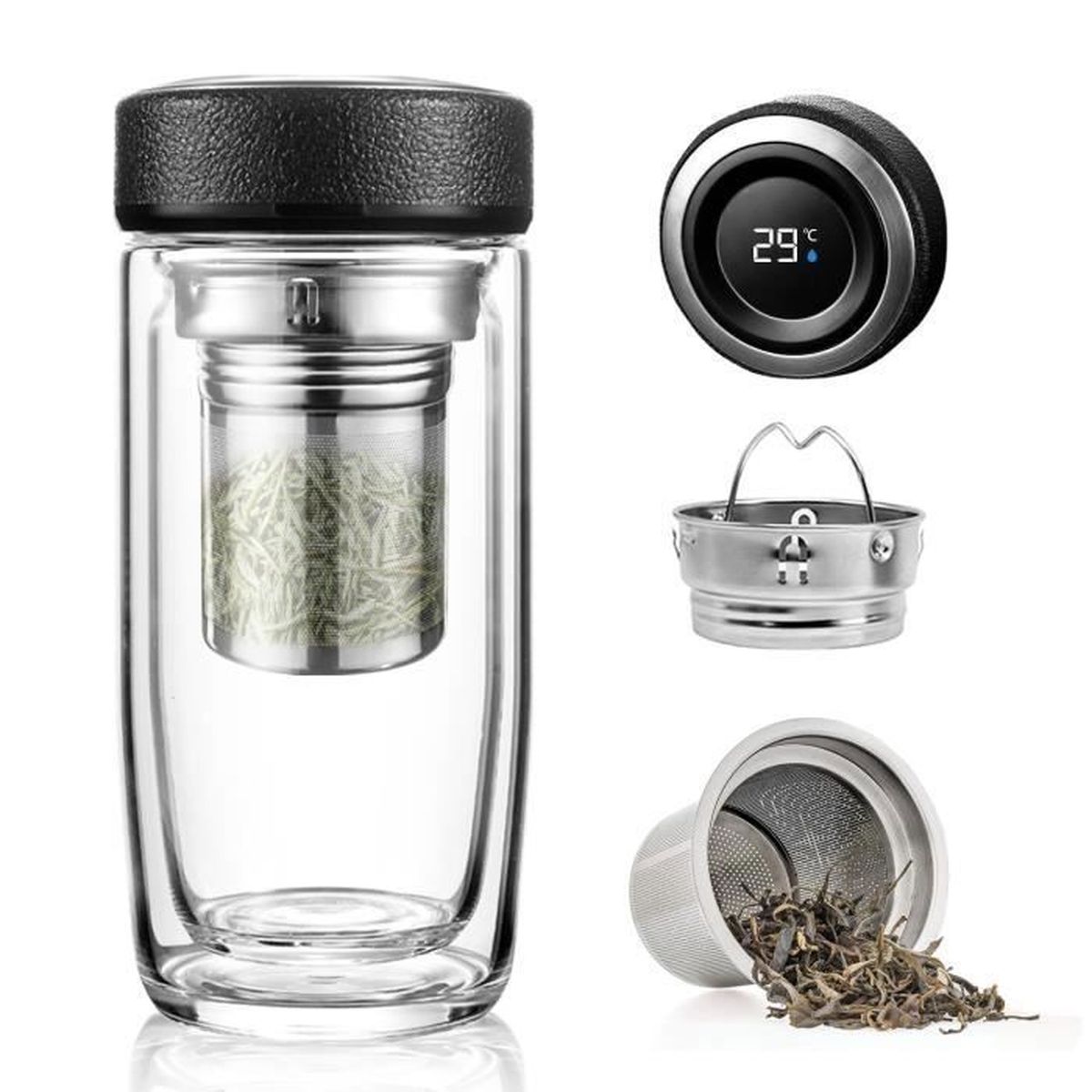 Gourde Avec Récipient à Uits, Bouteille De Sport De 1 L  950 Ml Bouteille Isotherme En Acier Inoxydable Bouteille Isotherme Pour Cafe The Thermos Avec Gobelet Infuseur Pour The En Vrac