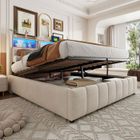 LEYTN Lit coffre hydraulique 180x200 cm Lit adulte Lit double rembourré en lin avec éclairage LED port USB rangement - beige