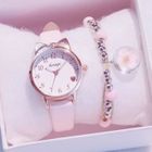ORGANGONFAND Coffret Cadeau Montre Fille Enfant - Mignon Chat Montre Bracelet Fille Fleur- Montre à Quartz en cuir - Blanc rose Cadeau Enfant
