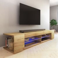 Meuble TV / Meuble de salon - MITCHELL - 180 cm - chêne wotan - éclairage LED bleu à piles - style moderne