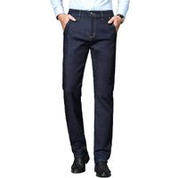 Pantalon en Jeans Homme Coupe Droite Stretch Taille Haute Jean Denim Business 5 Poches Effet Délavé - Bleu foncé