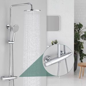 AiHom® Colonne de Douche Thermostatique Système de Douche Douchette à Mains 5 Jets Hauteur Réglable en Laiton H59A Chromé