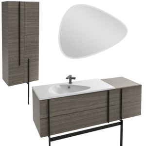 MEUBLE VASQUE - PLAN Meuble lavabo simple vasque 145 cm JACOB DELAFON Nouvelle Vague chene tranché + tiroir rack + colonne 2 portes + miroir