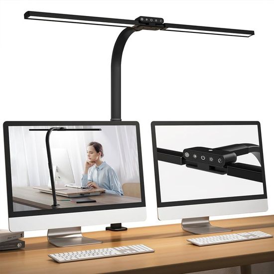Lampe Bureau Double Tête LED 1300lm Avec Télécommande - Bras Articulé 80cm, Réglable, Pince, 24W