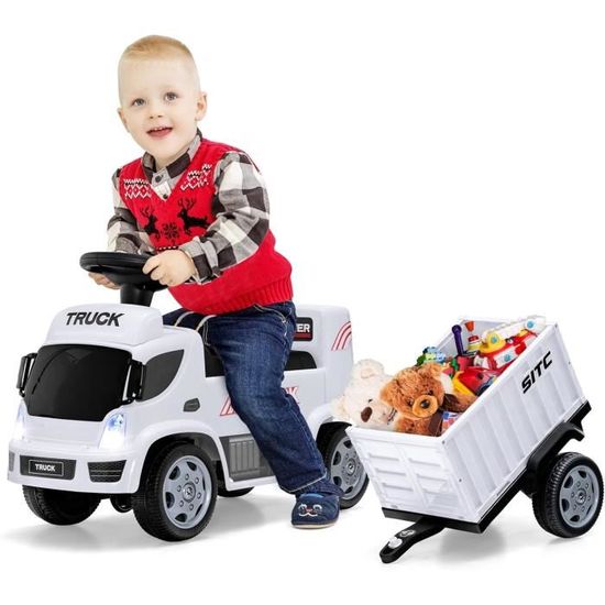 Camion Porteur Enfant avec Remorque de Rangement - DREAMADE - Blanc - Volant Musique Phares - 18-36Mois