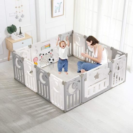 Parc Bebe D Activites De Securite Pliable Avec Porte Verrouillable Pour Enfants De 10 Mois A 6 Ans Gris Et Blanc 14 Panneaux Cdiscount Puericulture Eveil Bebe