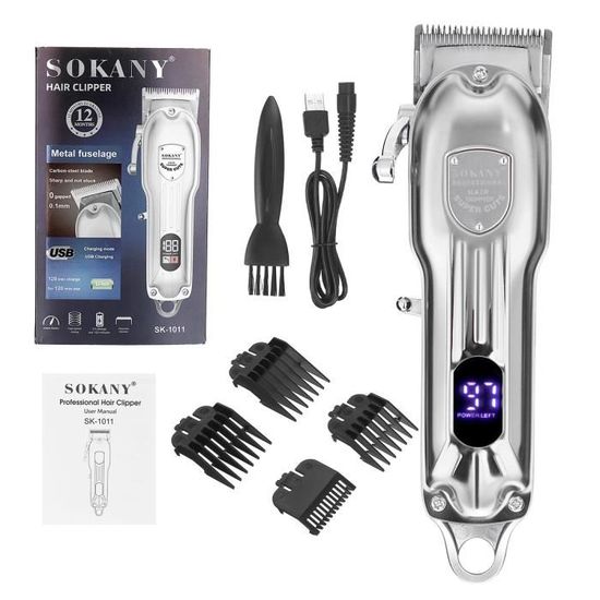 SOKANY Tondeuse à Cheveux Sans Fil Réglage 4 Vitesses - Rasoir Electrique - LED Affichage Numérique 4 peignes de Guidage ARGENT