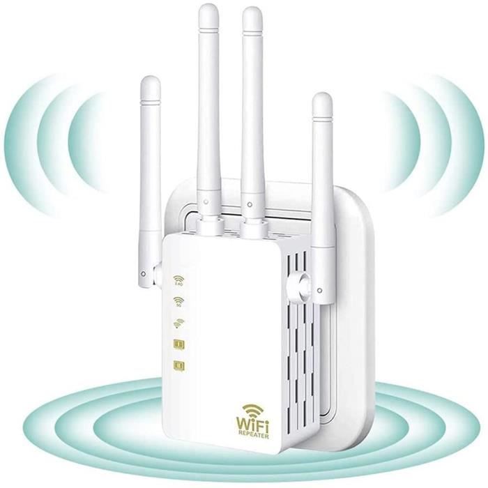 Répéteur WiFi 1200 Mbps Double Bande – Amplificateur WiFi Puissant 5 GHz / 2.4 GHz Avec 6 Antennes Externes, 2 Ports Ethernet, Mode AP/Répéteur, Facile à Installer Pour Toute Box Internet