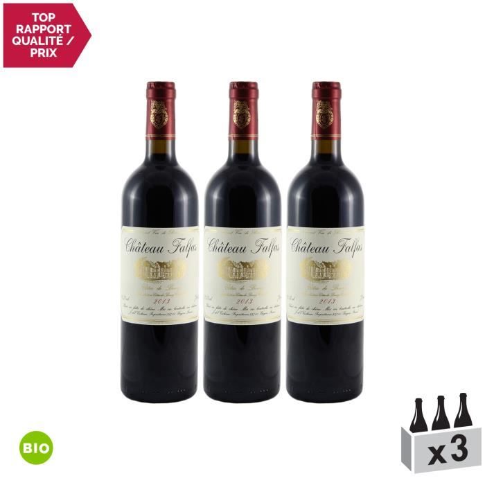Château Falfas Rouge 2013 - Bio - Lot de 3x75cl - Appellation AOC Côtes de Bourg - Vin Rouge de Bordeaux - Cépages Cabernet Franc,