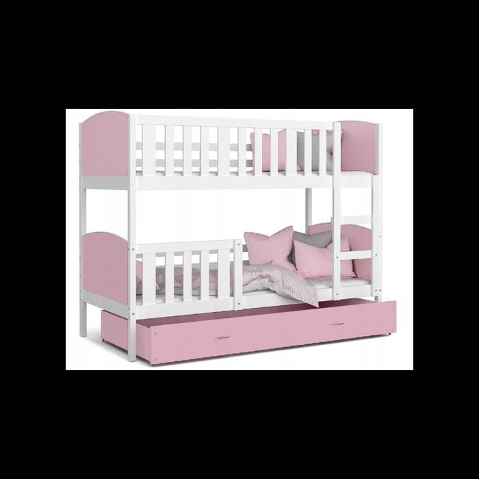Lit superposé 3 places Tomy 90x190 BLANC ROSE Livré avec 3 sommiers et 3 matelas en mousse de 7cm OFFERTS