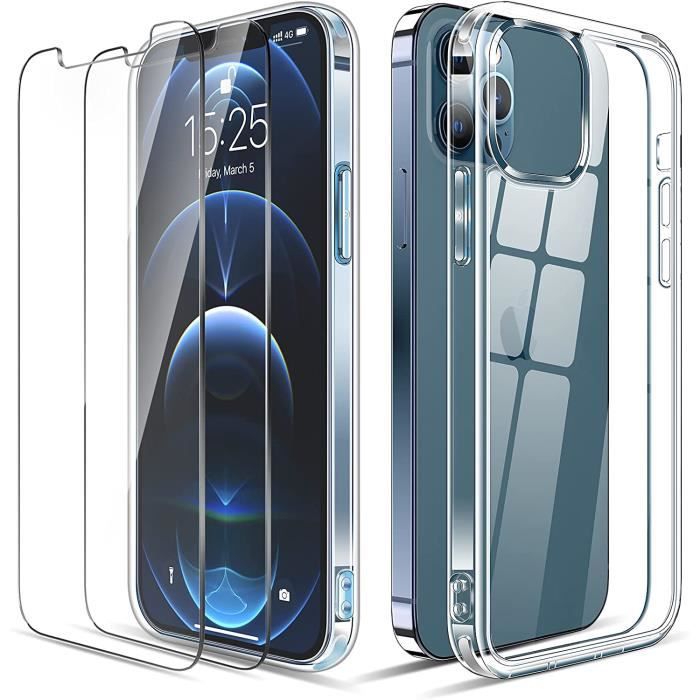 Coque Transparente iPhone 12 + 2x [Verre de Protection], Protection Souple Silicone TPU Transparent Antichoc,