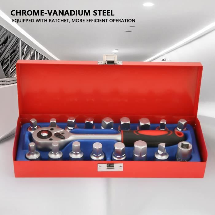 Jeu de Clés à Douille, Coffret Clé à Cliquet et Connecteur 3-8 pouces(18pcs),avec une mallette rouge, Dimensions: 26 x 11 x 6 cm -XN