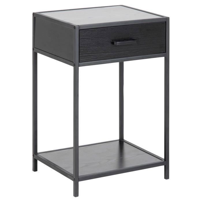 Table de chevet Dover avec décor en frêne noir et cadre noir mat. Equipée d'un tiroir.