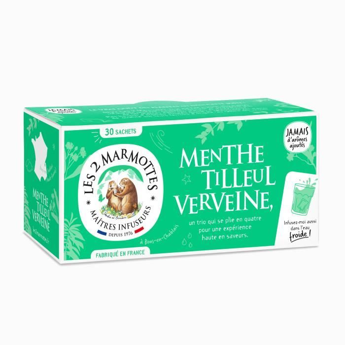 Les 2 Marmottes - Infusion Menthe Tilleul Verveine - 30 sachets - Douceur et Fraicheur - Bien-Être et Relaxation pour Le Soir
