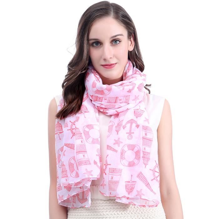 Écharpe Foulard pour Femme Imprimé Jeu d'icônes de Voyage-Blanc+Corail