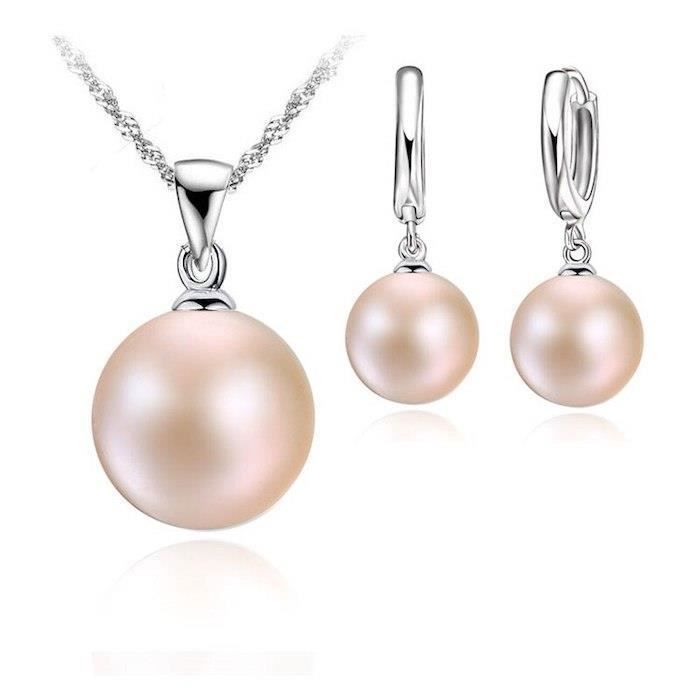 Parure Bijoux Perle Rose Ronde Nacrée Argent 925