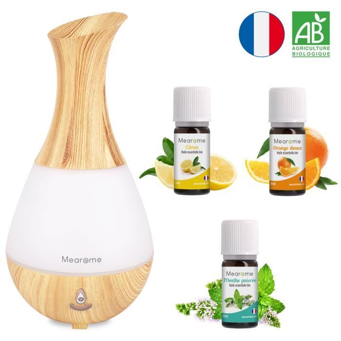 Coffret diffuseur Huiles essentielles + 3 Huiles essentielles Bio - Menthe Poivrée, Orange, Citron - Aromathérapie à la maison