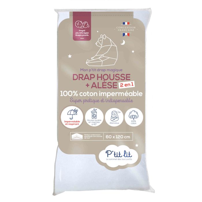 Protège Matelas Bébé 2 en 1 | Alèse + Drap Housse 60x120 cm | 100% Coton - Imperméable et Respirant - Silencieux - Oeko Tex® - Blanc
