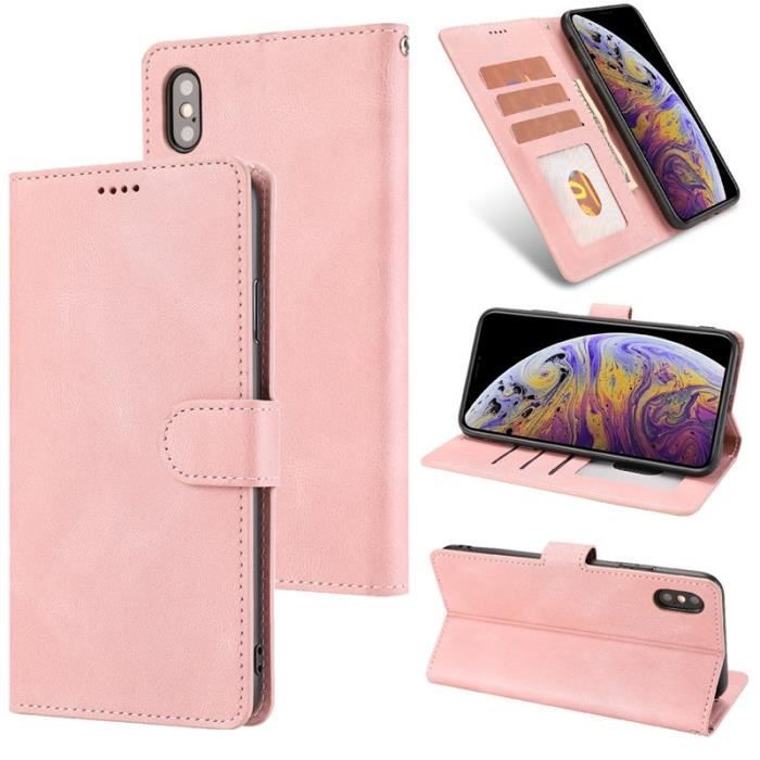 Étui iPhone XS Max, Portefeuille à Rabat Porte-Cartes en Cuir Housse Protection Simple Ultra-fin Support, Rose