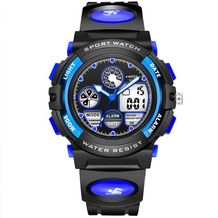 Montre enfant garçon LED numérique multifonction lumineux étanche bracelet en silicone noir sport