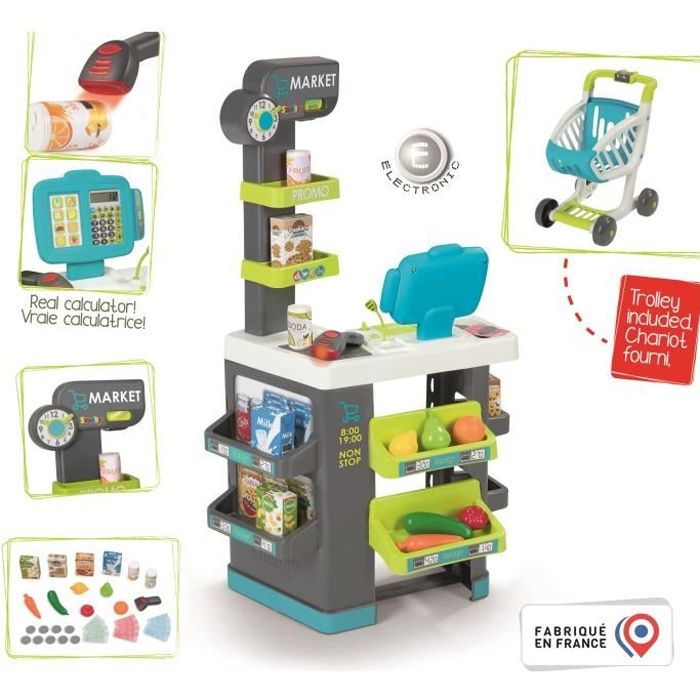 Smoby Marchande Supermarché pour Enfant - Chariot de Course Inclus - Vraie Calculatrice - 34 Accessoires - dès 3 ans