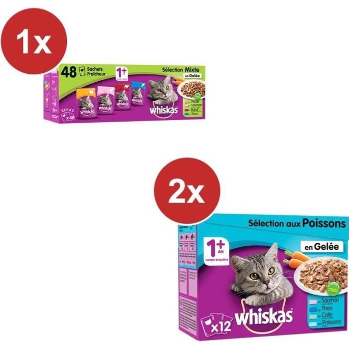 WHISKAS 48 Sachets fraîcheur mixte + 24 gelées aux poisson (72x100gr)