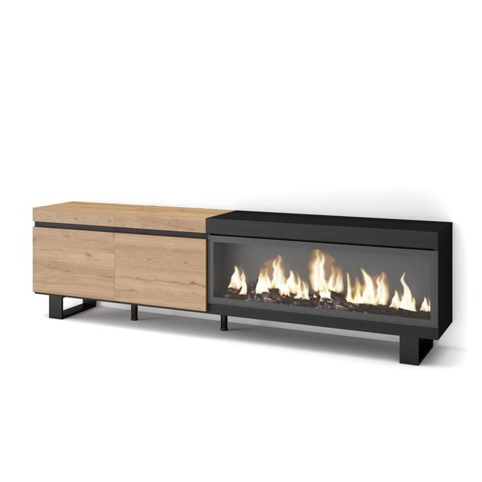 Meuble TV Banc Télé 210 Pour les TV jusquà 80 Cheminée électrique XXL Design industriel Beige et noir RF3269