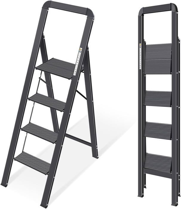 Escabeau Pliable 4 Marches Aluminium - 150kg Charge, Antidérapant, Léger - Pour Maison, Jardin, Bureau