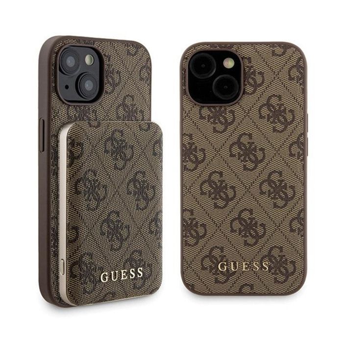 Guess Bundle Pack MagSafe 4G Metal Gold Logo Ensemble étui + Power Bank 5000mAh MagSafe iPhone 15
