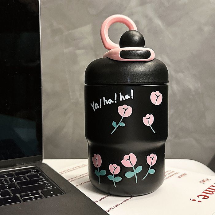 Gourde Bouteille thermos portable en acier inoxydablecaféboissons chaudes et froides，ours fleurs noires