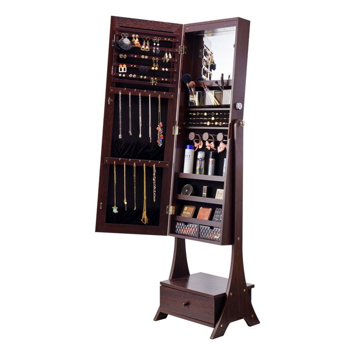 Armoire à Bijoux avec Miroir Pleine Longueur-VEVOR-Organisateur de Bijoux sur Pied avec Rangement- LED Intérieur Tiroir-Marron
