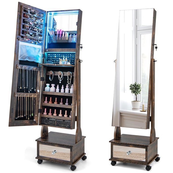 Armoire à Bijoux avec Miroir - RELAX4LIFE - Angles Réglables - Lumière LED 3 Couleurs - 4 Roues Universelles avec Serrure - Café