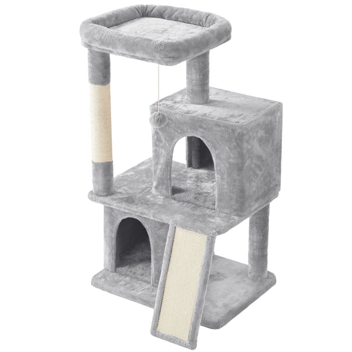 Meilleurs prix pour Yaheetech Petit Arbre à Chat en Peluche avec Poteau en Sisal Planche à Griffer Boule Suspendue 106 cm de Haut Gris Clair