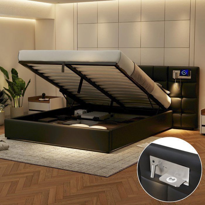 Lit coffre 180x200 - VVBV - Lit Coffre 180x200 - Tête de lit rembourrée - Port USB & charge sans fil - Rangement hydraulique