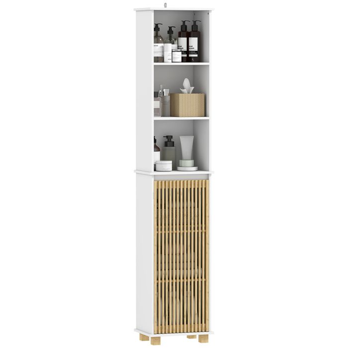 Colonne salle de bain - HOMCOM - porte à lattes en bambou et compartiments ouverts - 35 x 26 x 173 cm - blanc