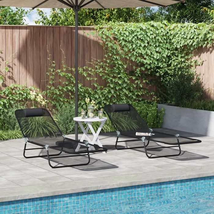 Moderne Chaises longues pliantes lot de 2 - Bain de soleil avec appuie-tête noir Textilène @FR(712626)