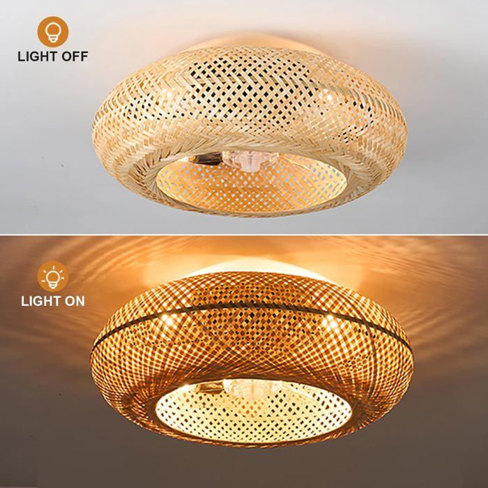 Ventilateur de plafond avec lumière LED réglable silencieux style cage rotin 6 vitesses moteur réversible télécommande 8-15 ㎡ - Prumya